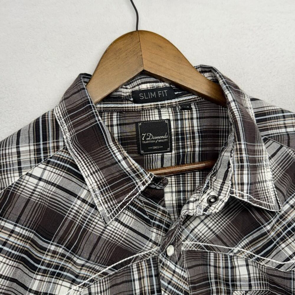 7 Diamonds Shirt men's 2XL Brown Gray Western Pearl Snap Plaid Check Cowboy Slim